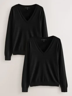 Zwart - Soft Touch V-Neck Cotton Rich Jumpers 2 Pack