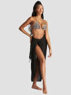 Zwart - South Beach - Gekreukte viscose sarong-tuniek met franje