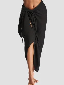 Zwart - South Beach - Gekreukte viscose sarong-tuniek met franje