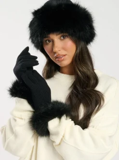 Zwart - South Beach Faux Fur Hat And Glove Set