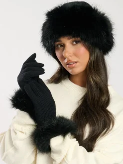 Zwart - South Beach Faux Fur Hat And Glove Set