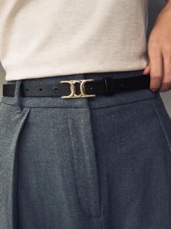Zwart - Statement, smalle leren riem met gesp