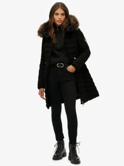 Zwart - Superdry Fuji Faux Hood Mid Length Coat