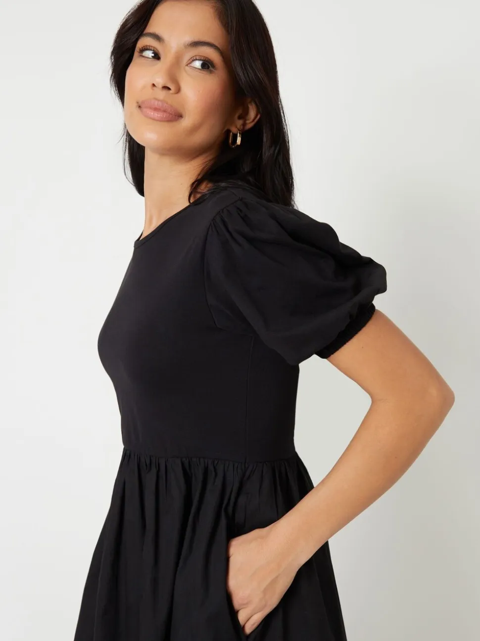 Zwart - Threadbare 100% Cotton Puff Sleeve Jersey Poplin Mix Maxi Dress
