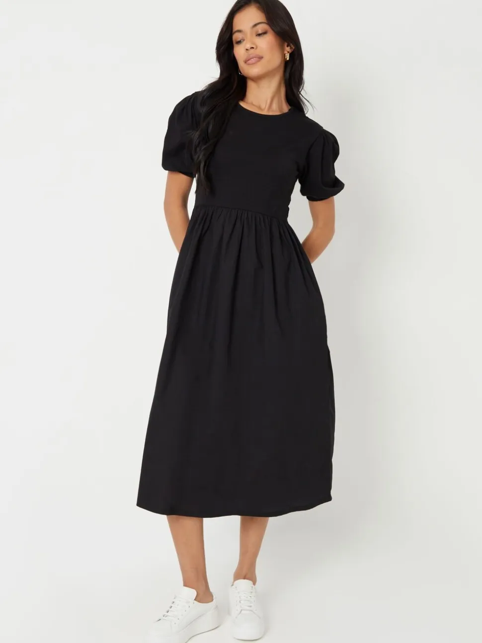 Zwart - Threadbare 100% Cotton Puff Sleeve Jersey Poplin Mix Maxi Dress