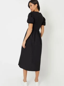 Zwart - Threadbare 100% Cotton Puff Sleeve Jersey Poplin Mix Maxi Dress