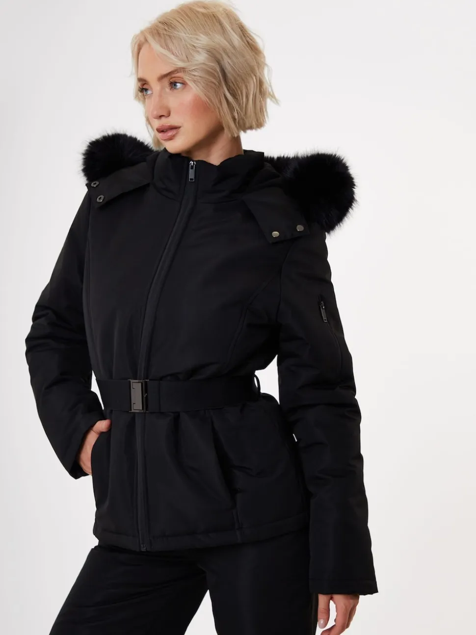 Zwart - Threadbare - Gewatteerde ski-jas met riem