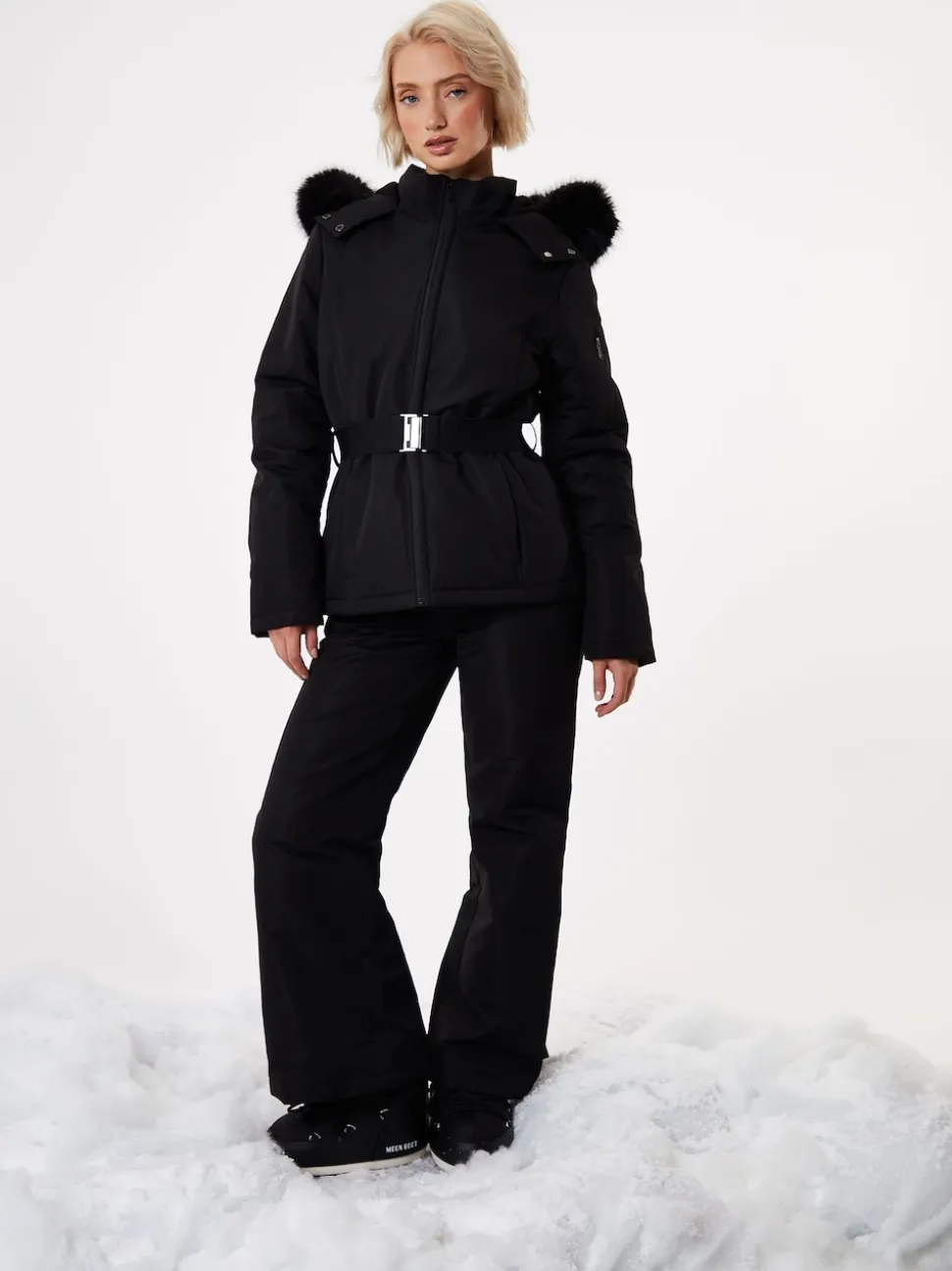 Zwart - Threadbare - Gewatteerde ski-jas met riem