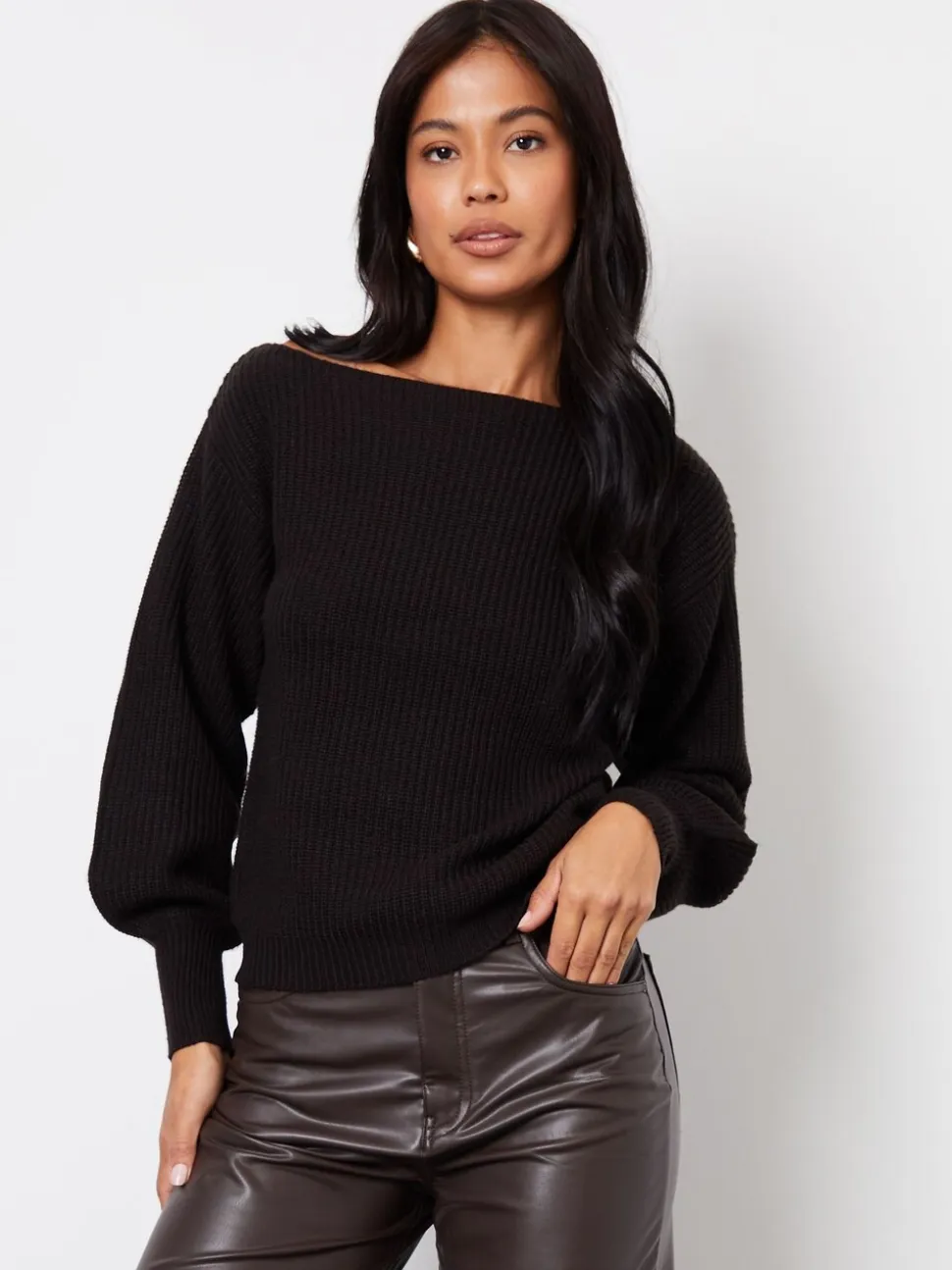 Zwart - Threadbare grof gebreide trui met slash-hals
