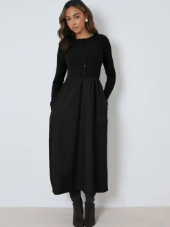 Zwart - Threadbare 2-in-1 Jersey Poplin Mix Button Down Dress