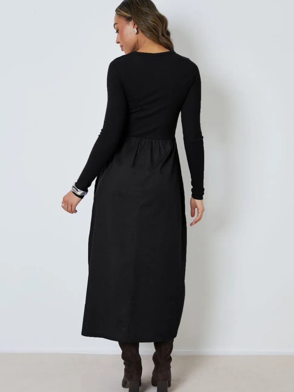 Zwart - Threadbare 2-in-1 Jersey Poplin Mix Button Down Dress