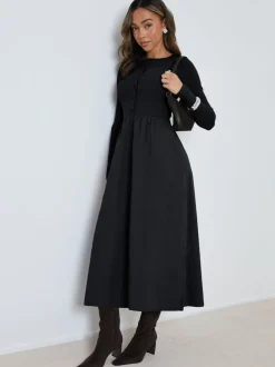 Zwart - Threadbare 2-in-1 Jersey Poplin Mix Button Down Dress