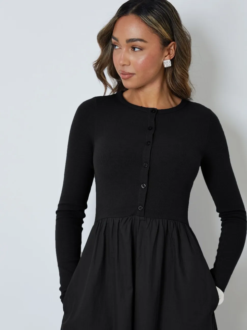 Zwart - Threadbare 2-in-1 Jersey Poplin Mix Button Down Dress