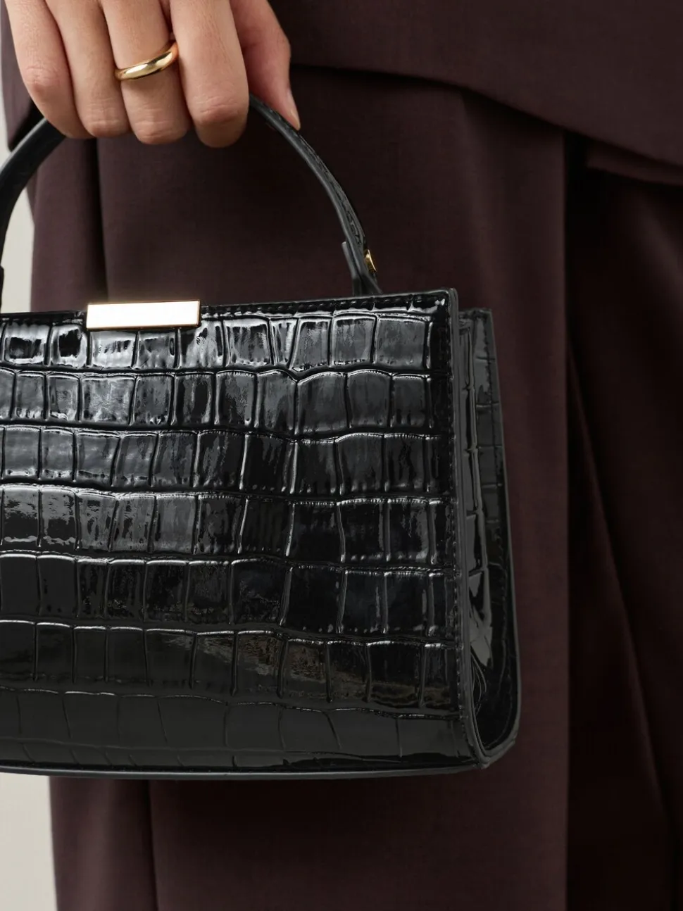 Zwart - Top Handle Tas met krokodillenmotief