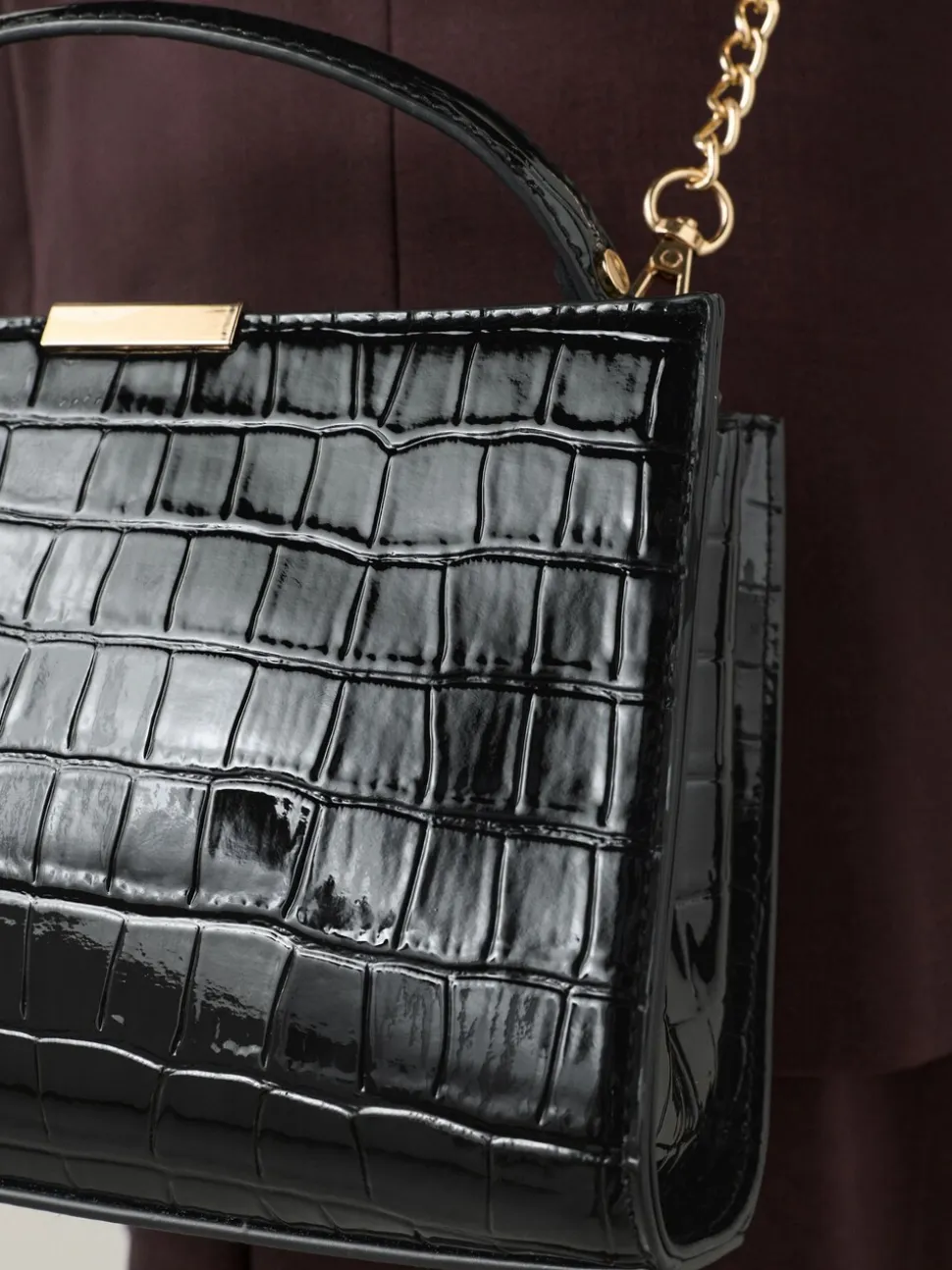Zwart - Top Handle Tas met krokodillenmotief