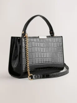 Zwart - Top Handle Tas met krokodillenmotief
