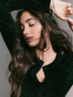 Zwart - Velvet Long Sleeve Shirred Cardigan