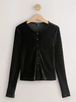 Zwart - Velvet Long Sleeve Shirred Cardigan