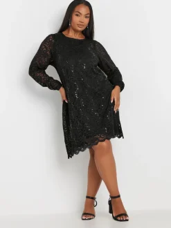 Zwart - Yours - Curve - Kanten midi-jurk