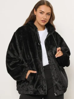 Zwart - Yours Curve Faux Fur Zip Thru Hooded Fleece