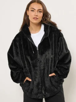 Zwart - Yours Curve Faux Fur Zip Thru Hooded Fleece