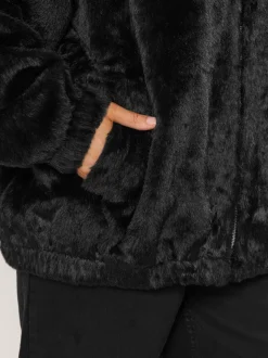 Zwart - Yours Curve Faux Fur Zip Thru Hooded Fleece