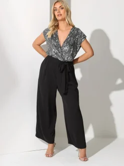 Zwart - Yours Curve London 2-in-1 Jumpsuit met Pailletten