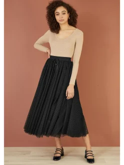 Zwart - Yumi Mesh Heart Print Tulle Skirt