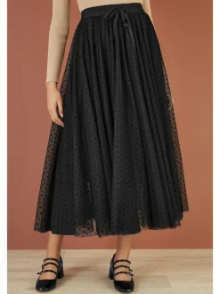 Zwart - Yumi Mesh Heart Print Tulle Skirt