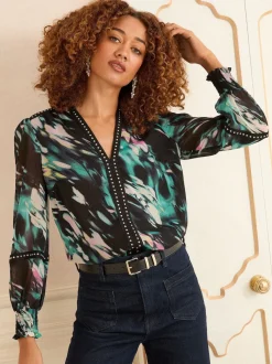 Zwart Animal - Love & Roses Print blouse met inkeping bij de hals en hardware