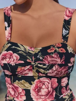 Zwart bloemenprint - Figuurverbeterende bandeautankinitop met brede bandjes