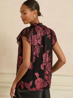 Zwart bloemenprint - Love & Roses - Metallic top met ronde hals