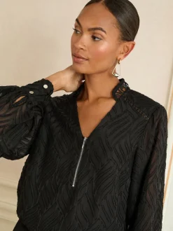 Zwart burnout - Love & Roses - Blouse met lange mouwen en rits aan de voorkant