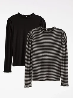Zwart en gestreept - Love & Roses jersey top met ruches aan de hals en lange mouwen