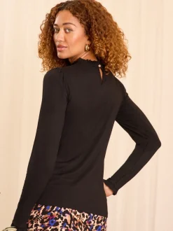 Zwart en gestreept - Love & Roses jersey top met ruches aan de hals en lange mouwen