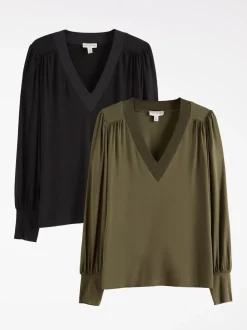 Zwart en kaki - Love & Roses V-Neck Chiffon Mix Jersey Tops 2 Pack