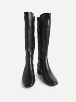 Zwart imitatieleer - Linzi Revolve Stretch High Leg Boot With Low Block Heel