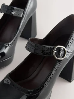 Zwart lak - Forever Comfort® Brogue Mary Jane Platform Blokhakken met Plateauzool