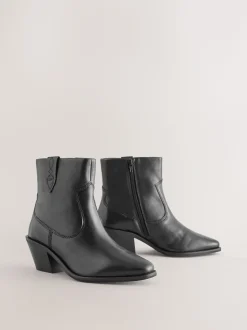 Zwart leer - Cowboy Block Heel Ankle Boots