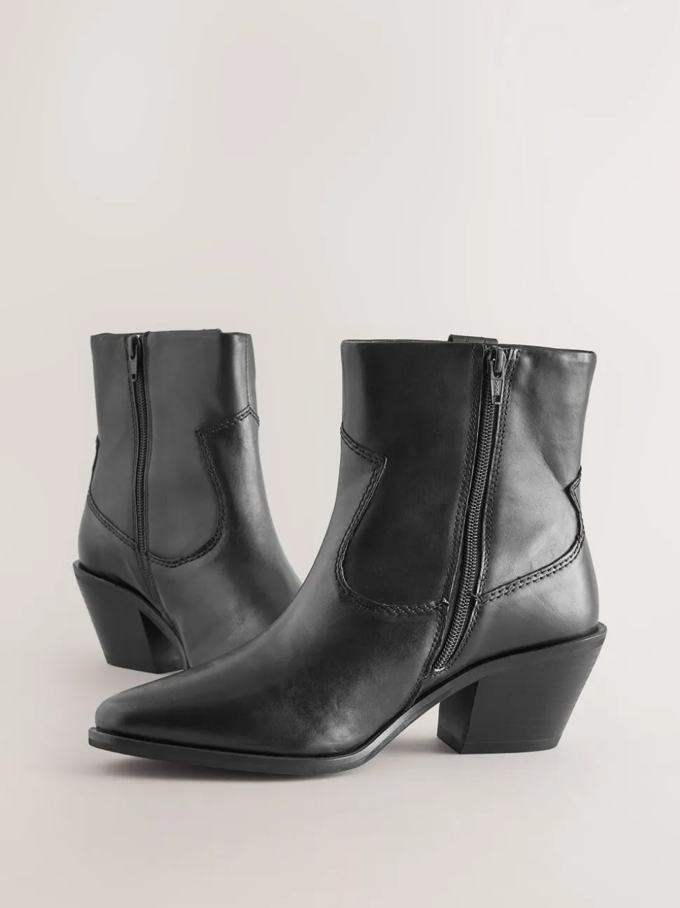 Zwart leer - Cowboy Block Heel Ankle Boots