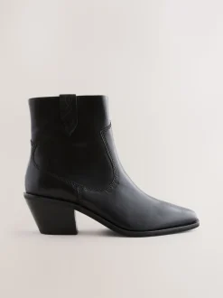 Zwart leer - Cowboy Block Heel Ankle Boots