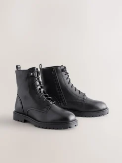 Zwart leer - Forever Comfort® veterlaarzen met vierkante neus