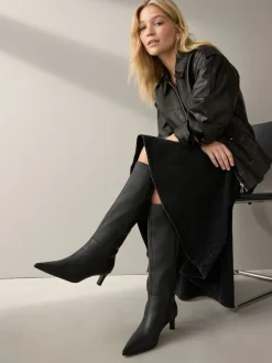 Zwart leer - Kniehoge Skinny Boots met Hak