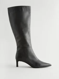 Zwart leer - Kniehoge Skinny Boots met Hak