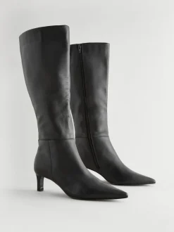 Zwart leer - Kniehoge Skinny Boots met Hak