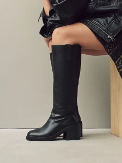 Zwart leer - Square Toe Chunky Knee High Boots