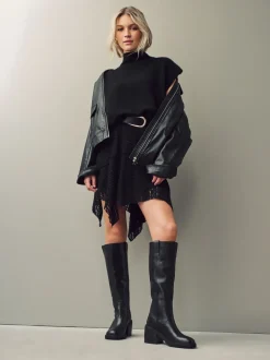 Zwart leer - Square Toe Chunky Knee High Boots