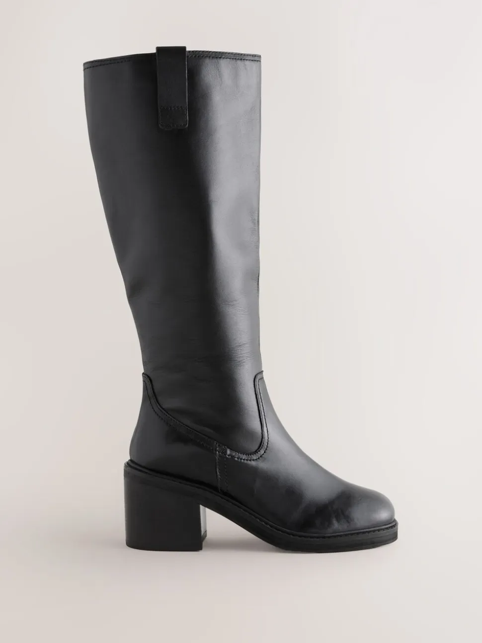 Zwart leer - Square Toe Chunky Knee High Boots