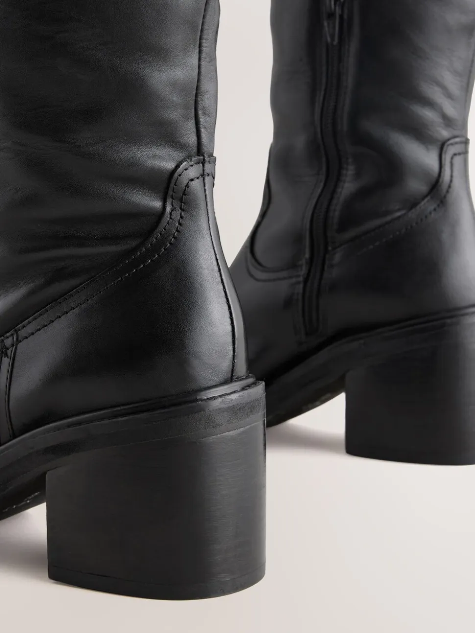 Zwart leer - Square Toe Chunky Knee High Boots
