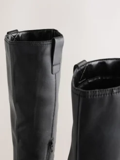 Zwart leer - Square Toe Chunky Knee High Boots